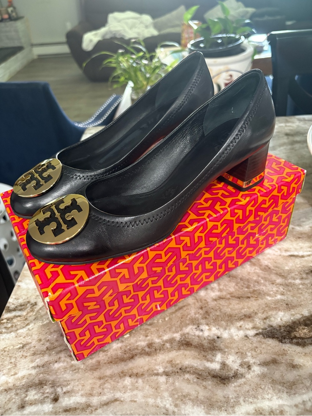Tory Burch Black Leather Mid Block Heel Pumps with Gold Logo